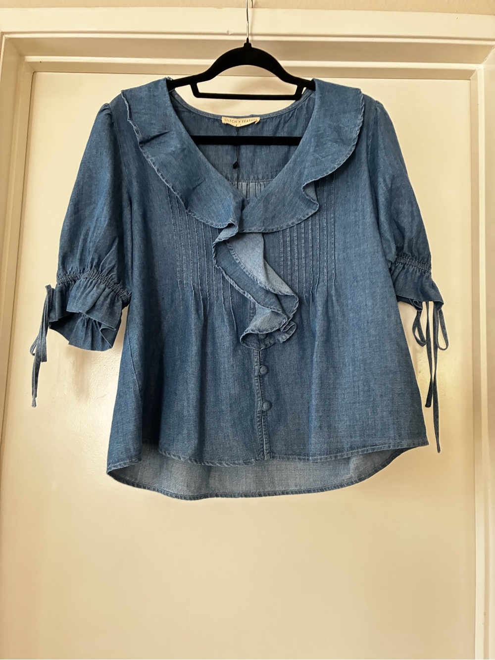 Washed Denim Ruffle-Front Blouse - Blue - Picture 3 of 6